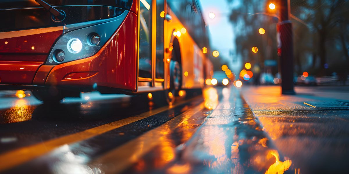 Symbolische Darstellung eines Stadtbusses an einer Haltestelle bei Nacht. Das Bild ist ein dekoratives Element für die Brennstoffstellen-Module von VINUITY.